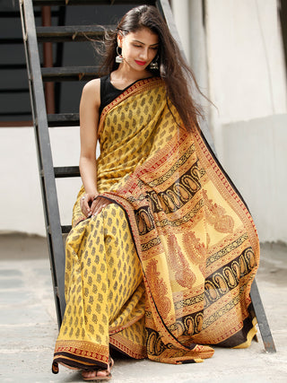 Yellow Maroon Black Bagh Hand Block Printed Cotton Saree - S031703818
