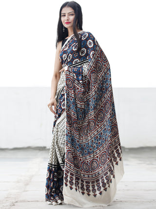 Off White Indigo Black Maroon Ajrakh Hand Block Printed Modal Silk Saree in Natural Colors - S031703695