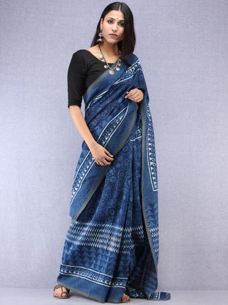 Indigo Ivory Hand Block Printed Chanderi Saree With Geecha Border - S031704505