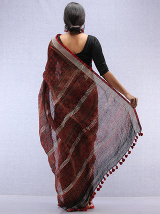 Brick Red Black Ajrakh Hand Block Printed Handwoven Linen Saree With Tassels And Zari Border - S031704451