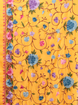 Yellow Aari Embroidered Georgette Saree From Kashmir - S031704624