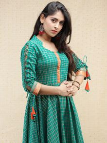 Nazma - Sea Green Gold Checks Printed Long Urave Cut Dress - D378F1996
