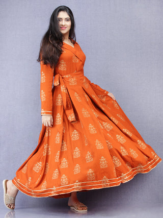 Jahanara - Rust Orange Gold Printed Long Box Pleated Dress - D379F2003