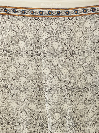 Ivory Indigo Mustard Ajrakh Hand Block Printed Modal Silk Saree - S031704231