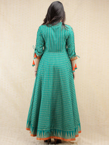 Nazma - Sea Green Gold Checks Printed Long Urave Cut Dress - D378F1996