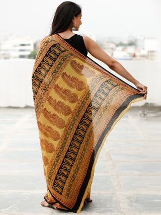 Yellow Maroon Black Bagh Hand Block Printed Cotton Saree - S031703818