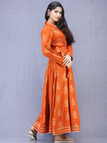 Jahanara - Rust Orange Gold Printed Long Box Pleated Dress - D379F2003
