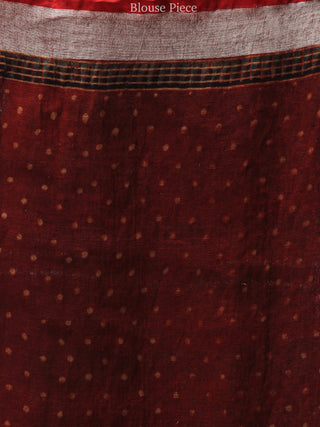 Brick Red Black Ajrakh Hand Block Printed Handwoven Linen Saree With Tassels And Zari Border - S031704451