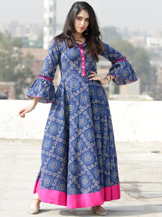 Maher - Indigo Bandhani Printed Urave Cut Long Dress  - D381F2054