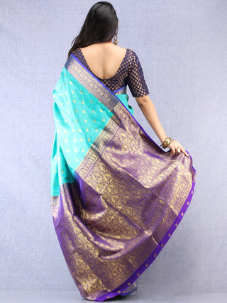 Banarasee Art Silk Self Weave Saree With Zari Work - Green Purple Gold  - S031704379