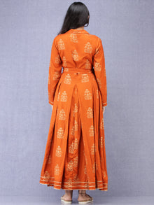 Jahanara - Rust Orange Gold Printed Long Box Pleated Dress - D379F2003