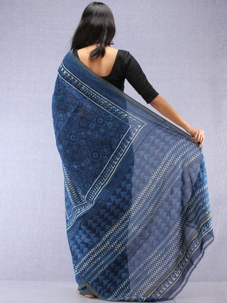 Indigo Ivory Hand Block Printed Chanderi Saree With Geecha Border - S031704505