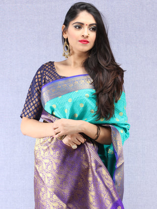 Banarasee Art Silk Self Weave Saree With Zari Work - Green Purple Gold  - S031704379