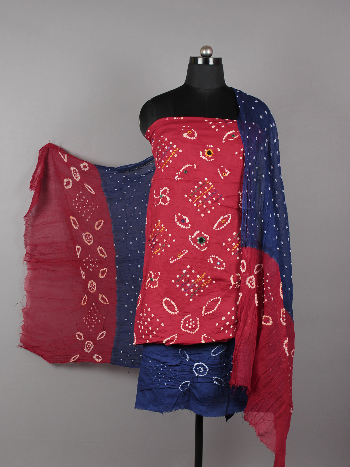 Red Blue White Hand Tie & Dye Bandhej Suit Salwar Dupatta (Set of 3) With Hand Embroidery & Mirror Work - S16281267