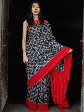 Black Grey Red White Double Ikat Handwoven Cotton Saree - S031703538