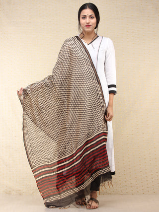 Beige Black Maroon Chanderi Hand Block Printed Dupatta - D04170714