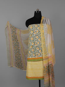 Ivory Yellow Green Hand Block Printed Cotton Suit-Salwar Fabric With Chiffon Dupatta (Set of 3) - S16281305