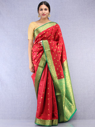 Banarasee Art Silk Self Weave Saree With Zari Work - Red Green & Gold - S031704432