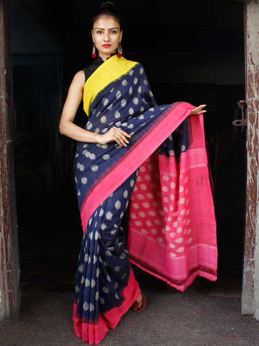 Indigo Pink Yellow Grey Ikat Handwoven Ganga Jamuna Border Cotton Saree - S031703637