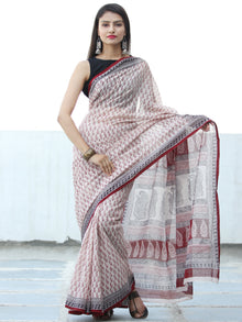 White Red Black Maroon Bagh Hand Block Printed Kota Doria Saree - S031703898