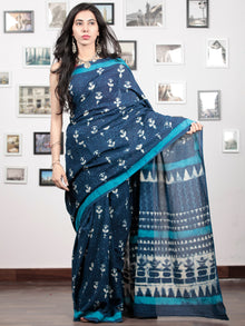 Indigo White Sky Blue Hand Block Printed Cotton Mul Saree - S031703044