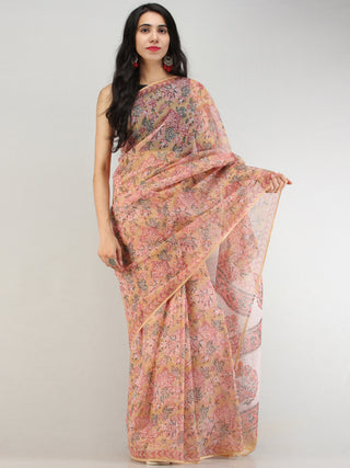 Yellow Peach Pink Green Hand Block Printed Kota Doria Saree - S031704579