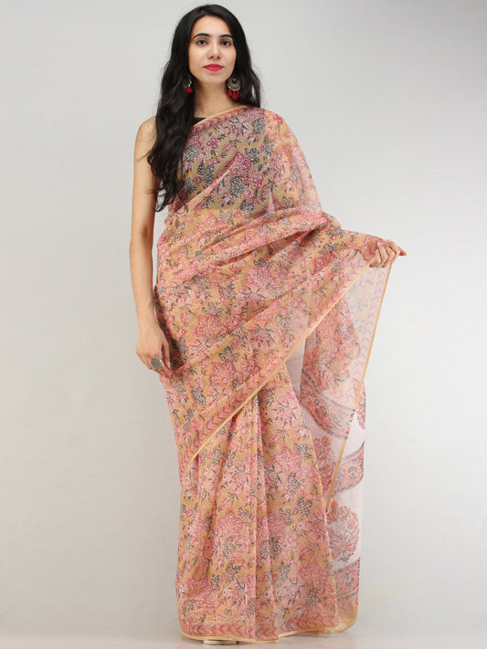 Yellow Peach Pink Green Hand Block Printed Kota Doria Saree - S031704579