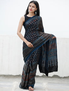 Indigo Black Ivory Rust Ajrakh Hand Block Printed Modal Silk Saree in Natural Colors - S031703722