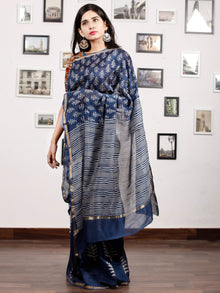 Indigo White Chanderi Silk Hand Block Printed Saree With Zari Border - S031703180