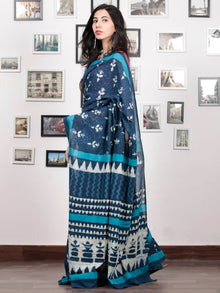 Indigo White Sky Blue Hand Block Printed Cotton Mul Saree - S031703044