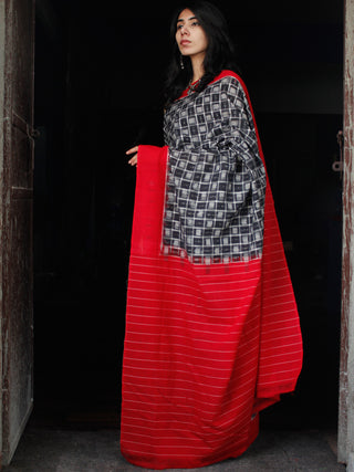 Black Grey Red White Double Ikat Handwoven Cotton Saree - S031703538
