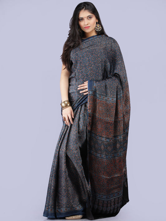 Indigo Black Maroon Ivory Ajrakh Hand Block Printed Modal Silk Saree - S031704263