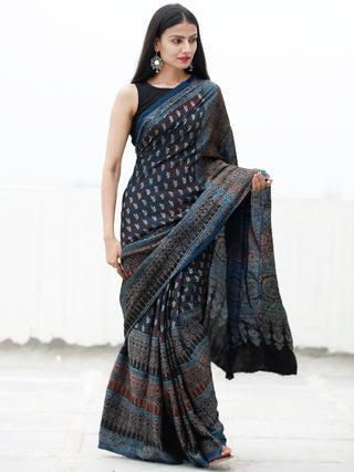 Indigo Black Ivory Rust Ajrakh Hand Block Printed Modal Silk Saree in Natural Colors - S031703722