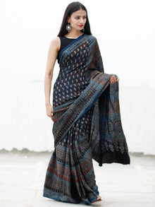 Indigo Black Ivory Rust Ajrakh Hand Block Printed Modal Silk Saree in Natural Colors - S031703722