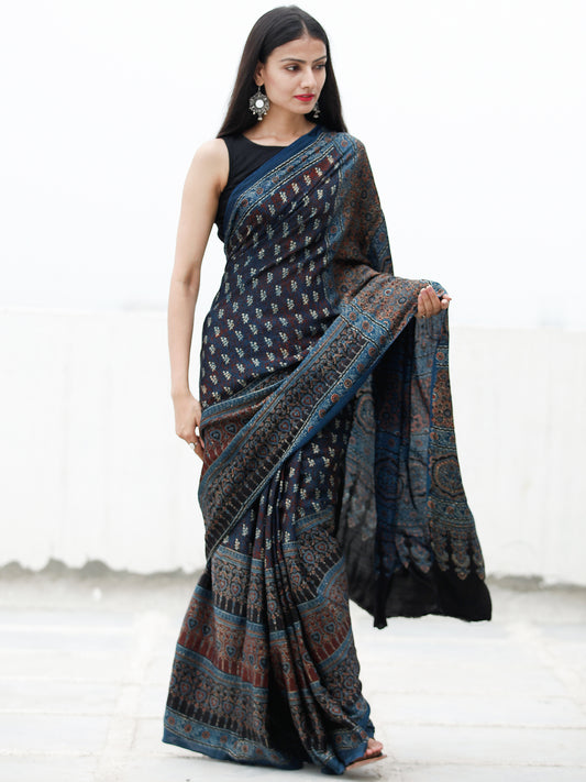 Indigo Black Ivory Rust Ajrakh Hand Block Printed Modal Silk Saree in Natural Colors - S031703722