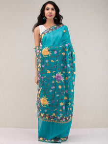 Sea Green Aari Embroidered Georgette Saree From Kashmir - S031704651