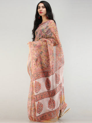 Yellow Peach Pink Green Hand Block Printed Kota Doria Saree - S031704579