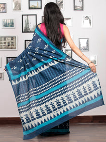Indigo White Sky Blue Hand Block Printed Cotton Mul Saree - S031703044