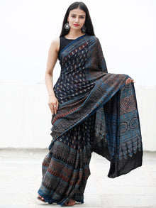 Indigo Black Ivory Rust Ajrakh Hand Block Printed Modal Silk Saree in Natural Colors - S031703722
