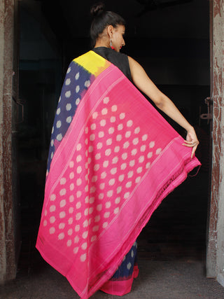 Indigo Pink Yellow Grey Ikat Handwoven Ganga Jamuna Border Cotton Saree - S031703637
