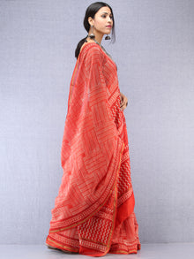 Red Ivory Hand Block Printed Maheshwari Silk Saree With Zari Border - S031704529
