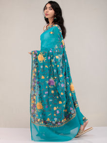 Sea Green Aari Embroidered Georgette Saree From Kashmir - S031704651