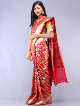 Banarasee Art Silk Saree With Bird Motif - Magenta & Gold- S031704335