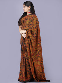 Mustard Rustic Black Ajrakh Hand Block Printed Modal Silk Saree - S031704195