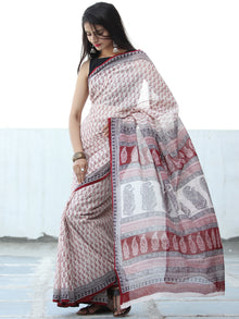 White Red Black Maroon Bagh Hand Block Printed Kota Doria Saree - S031703898