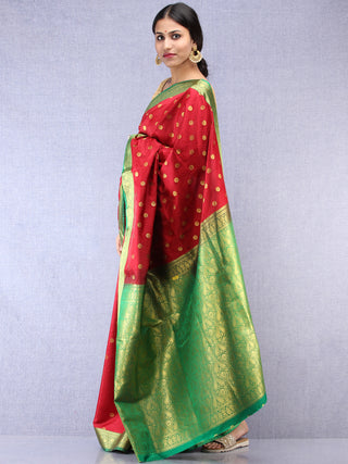 Banarasee Art Silk Self Weave Saree With Zari Work - Red Green & Gold - S031704432