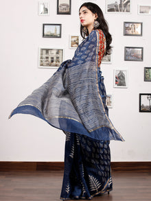 Indigo White Chanderi Silk Hand Block Printed Saree With Zari Border - S031703180