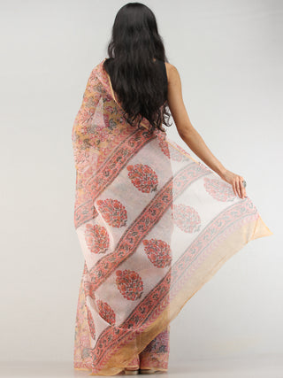Yellow Peach Pink Green Hand Block Printed Kota Doria Saree - S031704579