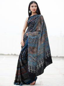 Indigo Black Ivory Rust Ajrakh Hand Block Printed Modal Silk Saree in Natural Colors - S031703722