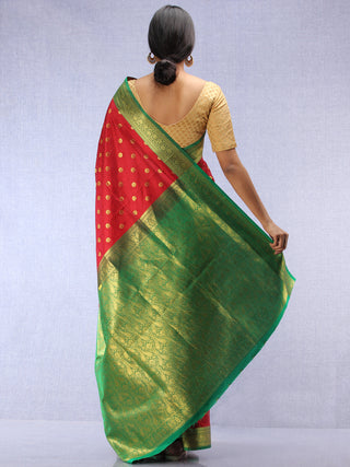 Banarasee Art Silk Self Weave Saree With Zari Work - Red Green & Gold - S031704432